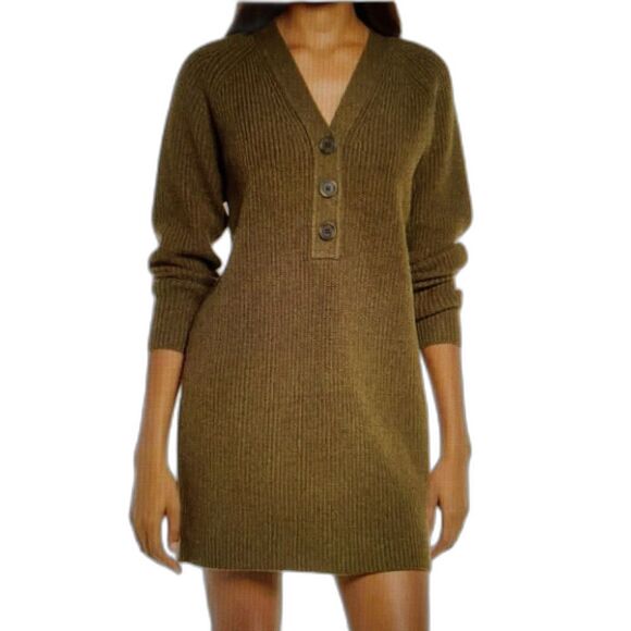 Madewell Dresses & Skirts - Wool Blend Madewell Sweater Dress W/ S Olive Green Ribbed Henley Knit used